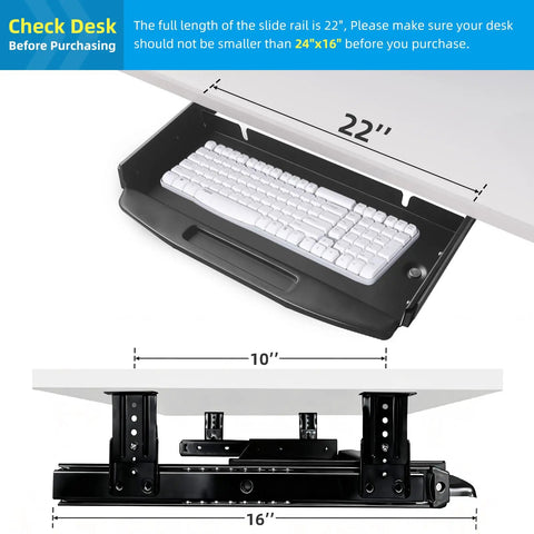 Heavy Duty Under Desk Keyboard Tray With Super Slick Glide Mechanism And 360 Rotating Mouse Platform Built Like A Tank For An Ergonomic Home Office Desk Setup At 28 Inches Long showing dimensions of slide rail 22 inches.
