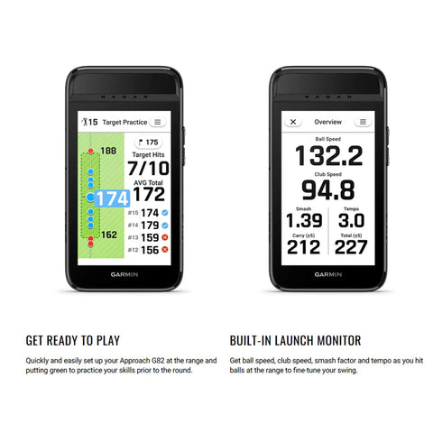 Approach G82 Launch Monitor and GPS Golf Handheld showing target practice and speed metrics on 5-inch touchscreen