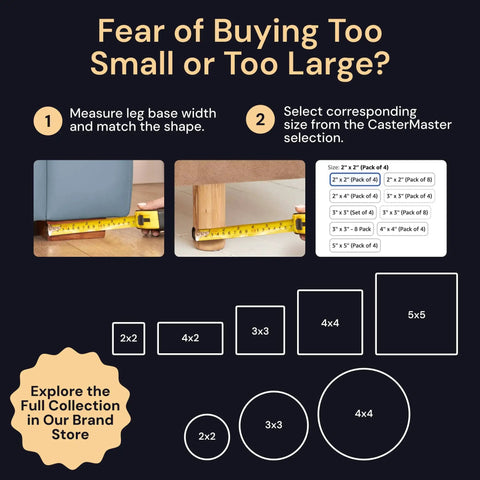 Size guide for selecting furniture pads showing measurement examples and available sizes 2x2 to 5x5 inches