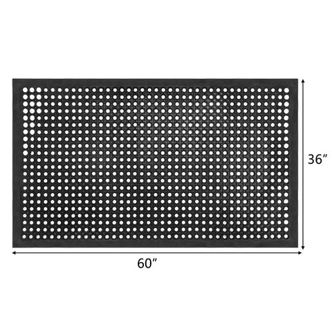 Top view of 36x60-inch drainage rubber floor mat with holes, keeps wet areas dry, heavy duty anti fatigue non slip, black Workhorse.