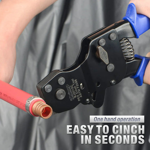 Close-up of Ratchet PEX Cinch Tool For Stainless Steel Clamps Meets ASTM 2098 clamping red PEX tubing with one-hand design in use