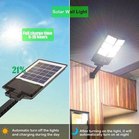 Beast Mode 150W Solar Flood Light Outdoor With Motion Sensor And Remote, mounted on wall, solar panel charging display