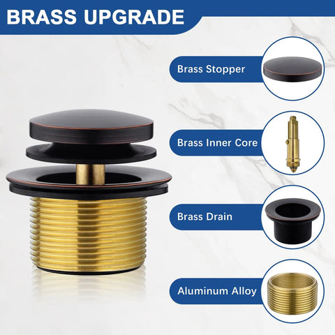 Oil Rubbed Bronze Brass Tub Drain Kit With Overflow, single-hole design, brass stopper and drain components, displayed on marble surface.