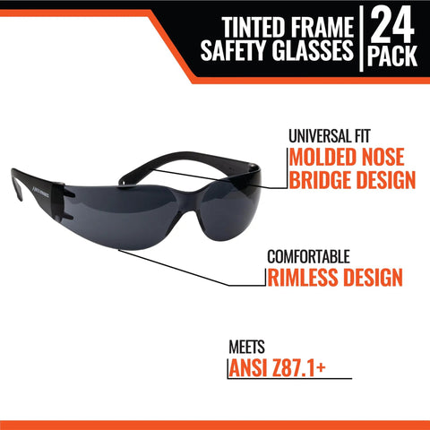 Tinted Safety Glasses 24 Pack with molded nose bridge, rimless design, ANSI Z87.1+ compliance for construction, outdoor, and industrial use.