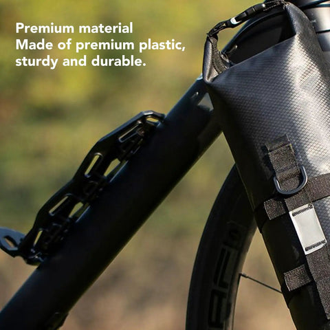 Close-up of front fork cage for mountain bikes, solid plastic bottle mount with easy installation, on bike frame.