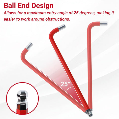 Jumbo 13-Piece SAE Hex Key Set With Extra Long Ball End Wrenches showing 25-degree angle for tight spaces