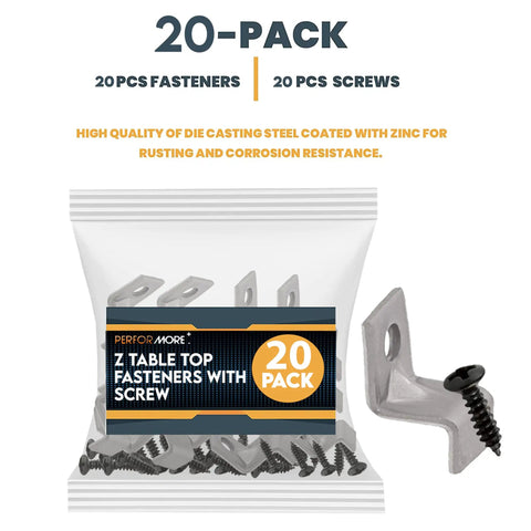 No Sweat Assembly Z Bracket Tabletop Fastener Kit With Black Screws Delivers Hella Strong Grip Secures Table Tops To Rails Manages Humidity Shifts Heavy Duty Steel 20 Pack Bundle in packaging with screws.