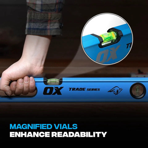 Dead Straight Eight Foot Aluminum Box Beam Level Featuring Magnified Vials And Lightweight Four Point One Pound Body showing enhanced readability.