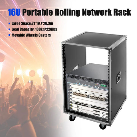 Rock Solid 16U Portable Rolling Network Rack Studio Server Cabinet with built handles and movable wheels for AV gear.