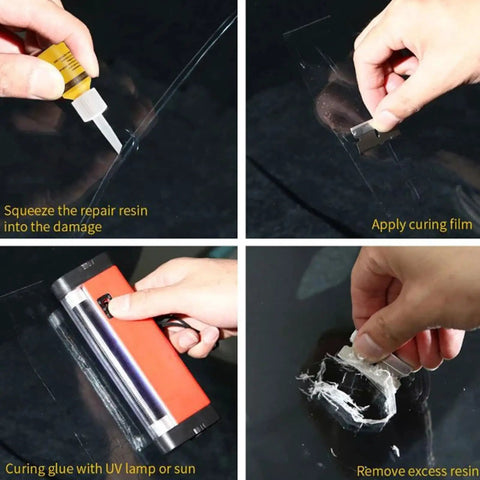 No Fuss Windshield Crack Repair Kit for Chips and Small Cracks, Auto Glass Repair Fluid, applying and curing process in action