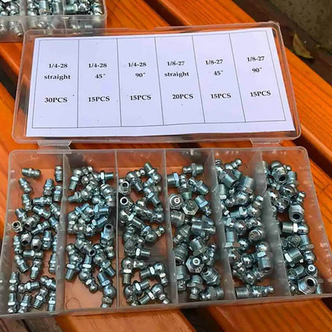 Top Notch 260 Piece Doitool Hydraulic Grease Fitting Assortment Kit With Durable Galvanized Iron Zerk Nipples In Straight And 45 Degree Styles Plus A Handy Storage Box For All Your Bearing And Mechanical Assembly Jobs Today. 260-piece galvanized iron zerk nipple kit in storage box, straight and 45-degree fittings