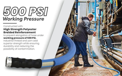Blue rubber garden hose, 5/8 in x 25 ft, braided polyester reinforcement, metal fittings; shown with worker using it.