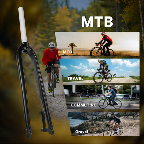 Rigid Mountain Bike Fork For 26/27.5/29 Inch Wheels, 1 1/8 Inch Threadless Straight Steerer, 9x100mm QR, Post Mount Disc Brake For 160mm Rotors, shown with biking scenes.