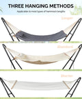 Three hanging methods for Beefy Heavy Duty Hammock Stand With Adjustable Frame For Outdoors Portable Double Bar Design Fits Most Hammocks 550 LB Capacity Black Iron Frame For Patio Garden Yard