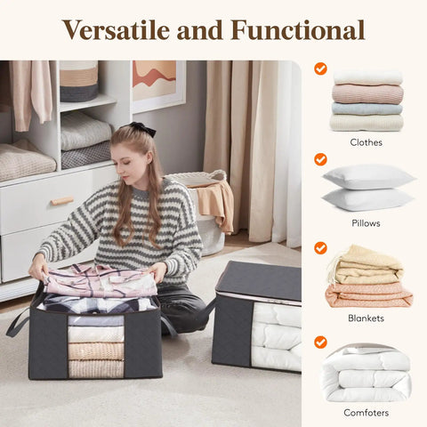 Woman organizing clothes in Six Pack Super Sturdy Closet Storage Bins With Lids Foldable Wardrobe Organizers Featuring Clear Window Zippered Closures And Rock Solid Handles Totally Legit For Blankets Bedding And Winter Clothing.