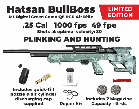 BullBoss.25 Cal PCP Air Rifle Limited Edition With Side Lever, 1000 FPS And 49 FPE displayed with accessories on white background