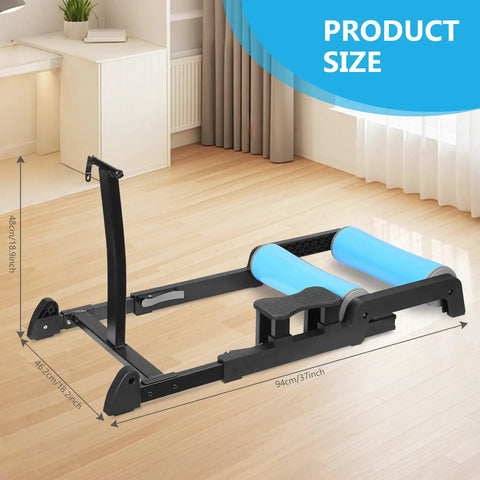 Indoor Bike Trainer Platform Pro Roller With Quick Release Front Wheel Detachable Anti Slip Training Station shown in home gym setting with dimensions.