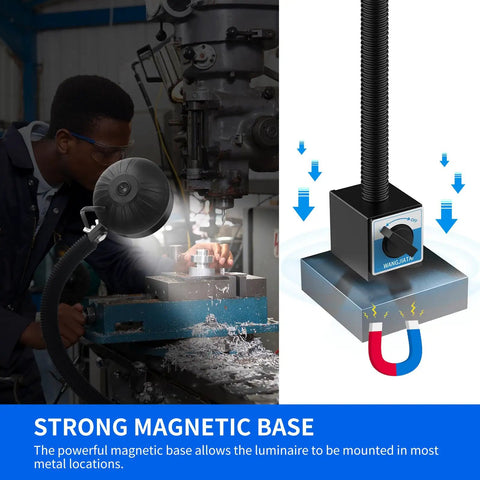 Hella Bright 2000 Lumen Magnetic Work Light With Flexible Arm And Rock Solid Base For Lathes Workbenches And Heavy Duty Premium Industrial Workshops In Black beside a lathe ensuring clear visibility.