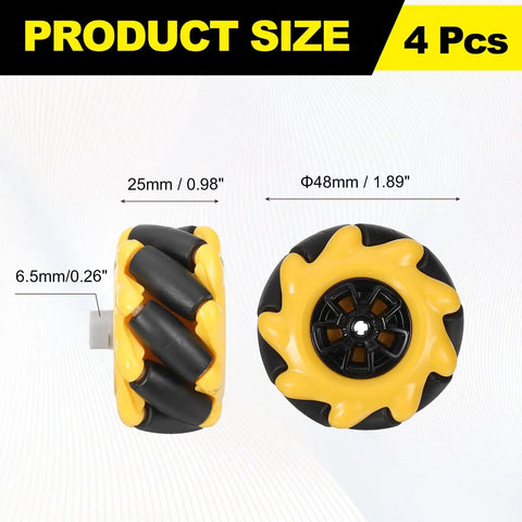 Four Pack Mecanum Wheel Set 48mm Omnidirectional Wheels For Smart Robot Cars And DIY Models Yellow ABS Rubber