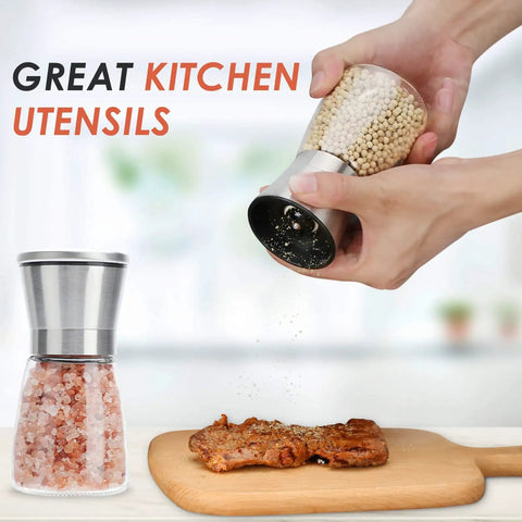 Stainless Steel Salt And Pepper Grinder With Ceramic Blades Adjustable Coarseness Transparent Glass Body Rustproof Cap Easy Refilling Kitchen Must Have Spice Mill For Fresh Ground Flavor