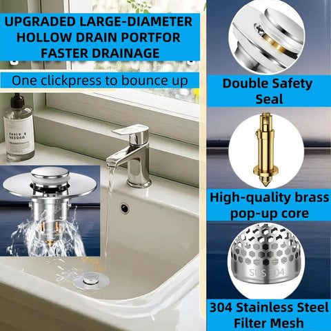 Hella Solid Bathroom Pop Up Sink Drain Strainer Two Pack Stainless Steel Hair Catcher Filter Basket with brass core and mesh.