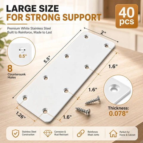 40 Pack White Mending Plates With 240 Self Drilling Screws Stainless Steel Flat Brackets, size 5.5 by 2 inch, diagram view