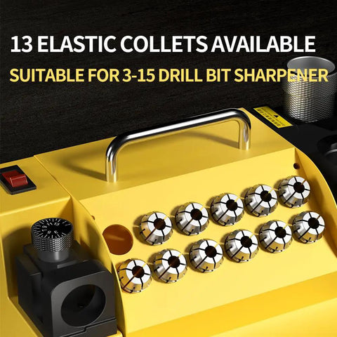 Portable Drill Bits Sharpener MR-13A For One Eighth To Nine Sixteenths Inch Bits, 3mm To 15mm, 95 To 135 Degree Point Angle, All Metal Housing With Thirteen Collets, Re Sharpening Grinder For Home Shop, showing 13 elastic collets on top view