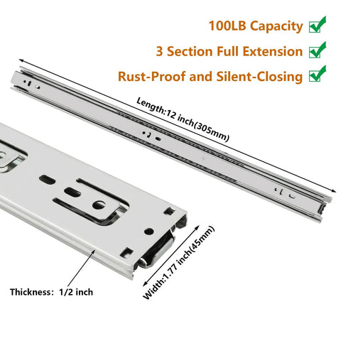 Heavy Duty 12 Inch Side Mount Drawer Slides Rated For 100 LB Capacity, showing full extension design and rust-proof finish.