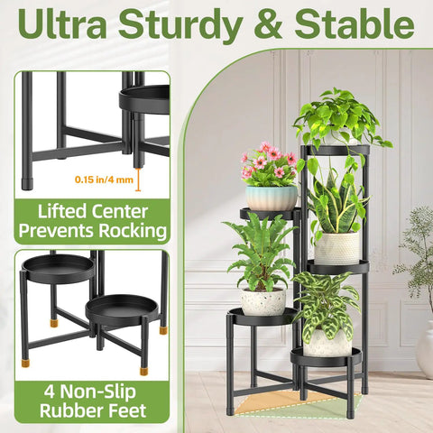 Premium 5 Tier Metal Corner Plant Stand For Indoor Outdoor Use, Adjustable Space Saving Corner Shelf, Quick Tool Free Assembly, Modern Black Finish To Level Up Your Greenery Vibes Now with potted plants and non-slip rubber feet.