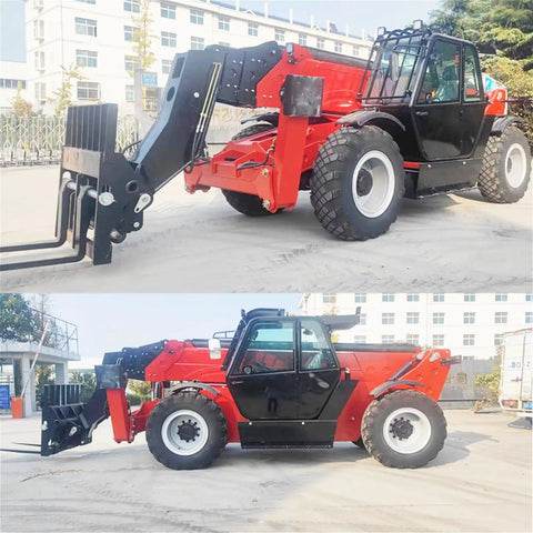 Heavy Duty 4Wd Telehandler Forklift Rig With Swappable Forks Heavy Bucket And Crane Jib, black and red, side view, construction equipment.