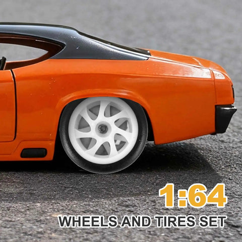 Four Pack 1 By 64 Scale Wheels And Tires Set With Real Riders Rims White 10-Spoke Design on orange RC car