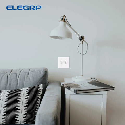Living room setting with 2-Gang Toggle Switch Wall Plate Set Mid-Size Unbreakable Polycarbonate Cover For Toggle Dimmer Light Switches UL Listed