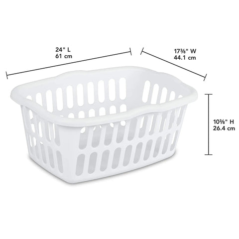 One And A Half Bushel Rectangular Laundry Basket Set In White And Aqua, 12 Pack, Lightweight Durable Plastic Bins with dimensions shown.