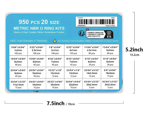 950-piece nitrile o-ring seal kit with 20 sizes, shown in labeled box for automotive and plumbing use.