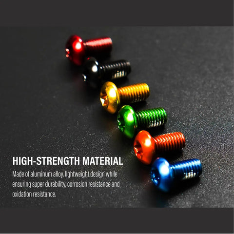Colorful high-strength six-bolt disc brake bolts in various colors displayed on a black surface, showing durability and corrosion resistance.