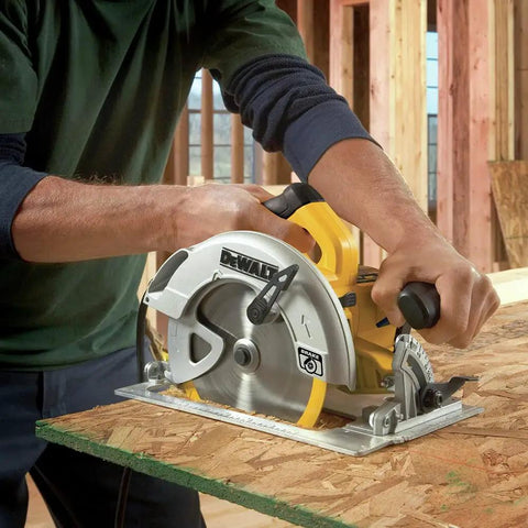 Lightweight 7-1/4 Inch Corded Circular Saw Featuring A Badass 15 Amp Motor With Snappy Electric Brake cutting through plywood.