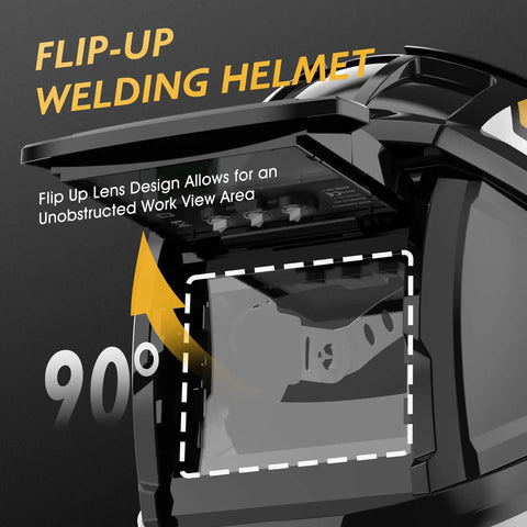 Flip-up welding helmet with 90-degree lens, showing Big Viewing Welding Helmet With True Color Auto Darkening Four Sensor System.