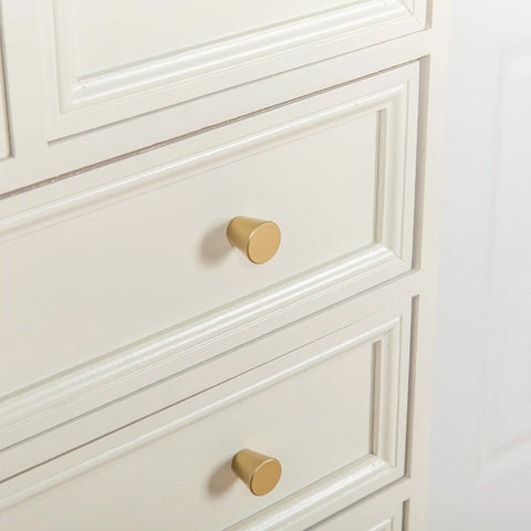 Five Pack Gold Knobs Brushed Brass Round Cabinet Pulls for Kitchen Cabinets Dope Small Drawer Hardware on white cabinet