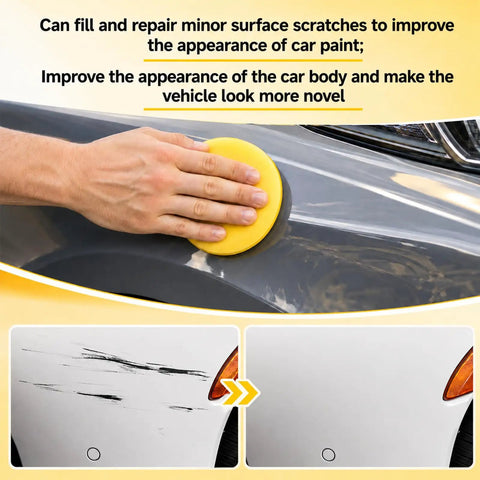 Applying Smooth Ride No Sweat Auto Scratch Remover Paste With Bonus Detailing Sponge on car surface for scratch repair.