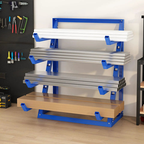 Top Notch 4 Tier Steel Lumber And Pipe Storage Rack With Adjustable Arms And Rugged Alloy Frame Holding Up To Two Thou Pounds in garage.