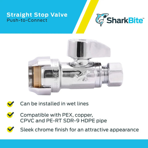 Brass Push Straight Stop Valve One Half Inch By Three Eighths Inch Compression Quarter Turn Push To Connect Plumbing Fitting