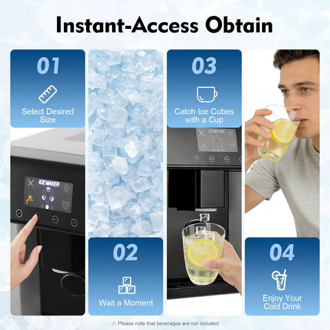 Countertop Ice Maker 2 In 1 Water Dispenser Drop Dead Fast Round Ice Maker With Cold Water On Demand and 1 Custom Ice Settings showing ice selection, dispensing, and enjoying a drink.