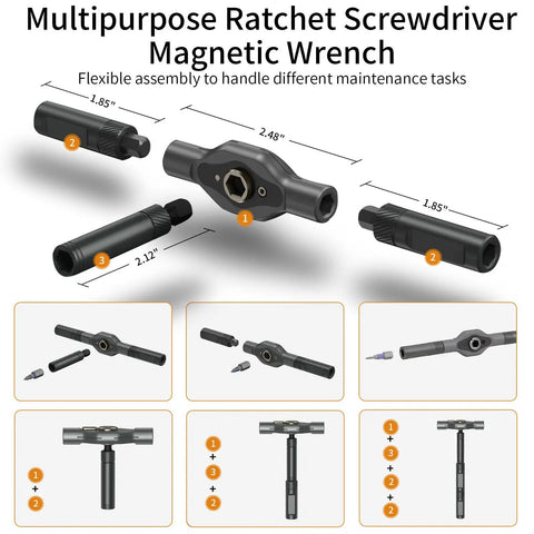 Assembly and components of No-Brainer 24-In-1 Magnetic Ratchet Screwdriver Set With Detachable Handle, shown in detail.