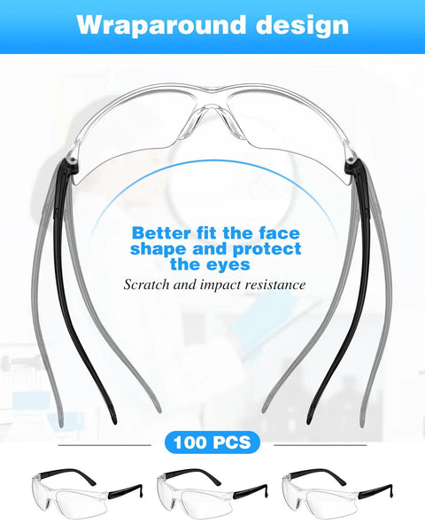 Bulk 100 Pair Clear Safety Glasses ANSI Z87.1 Certified with wraparound design for better fit and eye protection.