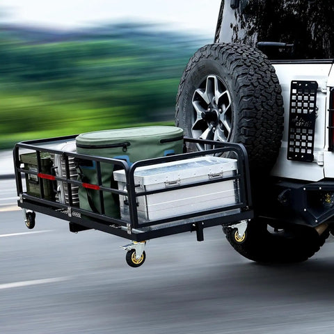 Heavy Duty Folding Hitch Cargo Carrier With 750 Pounds Capacity Fits Two Inch Receiver Includes Wheels And Handle attached to SUV