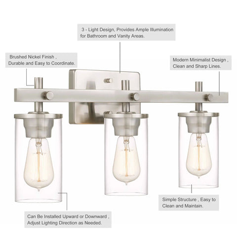 Modern Farmhouse Three Light Vanity Light With Clear Glass Shades In Brushed Nickel for bathroom and hallway decor