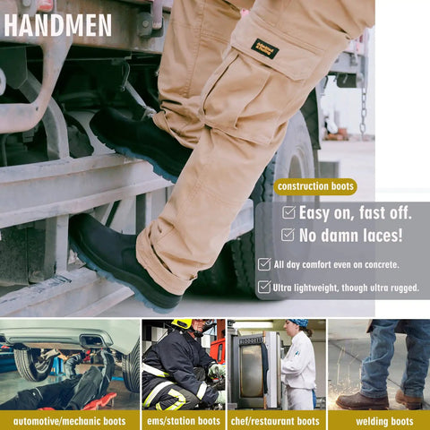 Person stepping on metal surface wearing Composite Toe Waterproof Work Boots For Men Slip On Safety Shoes, beige pants