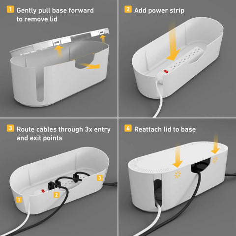 Steps to use White Cable Management Box For Power Strips Up To 10.5 Inches, demonstrating lid removal, power strip placement, and cable routing.