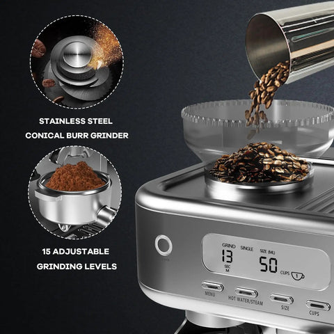 Next Level 15 Bar Espresso Machine With Solid Conical Burr Grinder And Creamy Milk Frother Brewing Killer Latte And Cappuccino Daily With PID Temp Control LCD Display showing stainless steel conical burr grinder with adjustable settings.