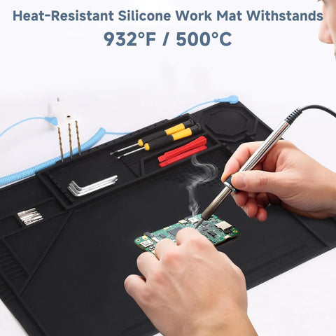 Person using Silicone Soldering Mat With Stand, 20x14 Inch ESD Safe Anti Static Workbench Pad, Heat Resistant Up To 932 Fahrenheit.